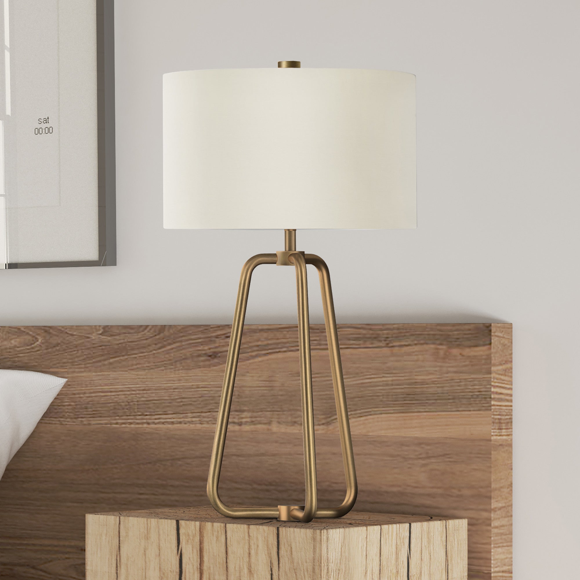 25" Brass Metal Table Lamp With White Drum Shade