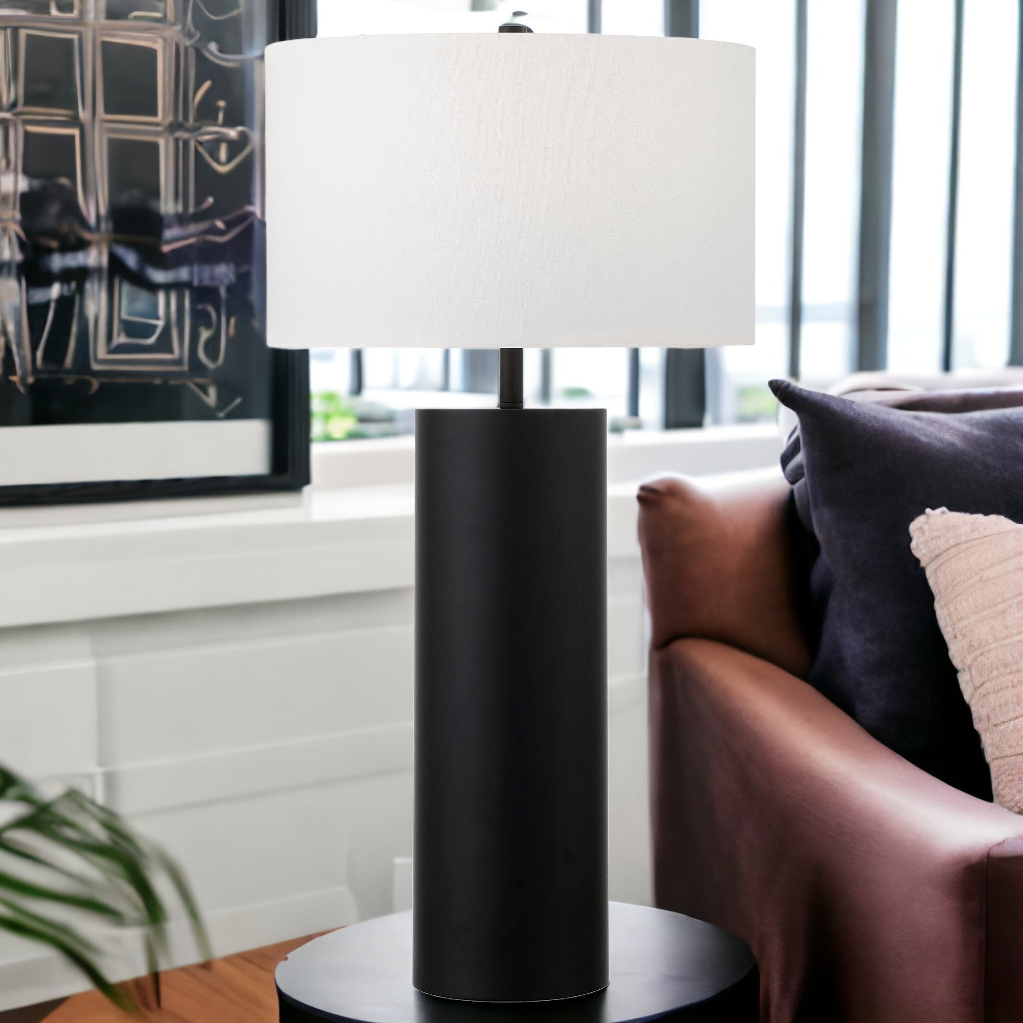 30" Black Metal Table Lamp With White Drum Shade