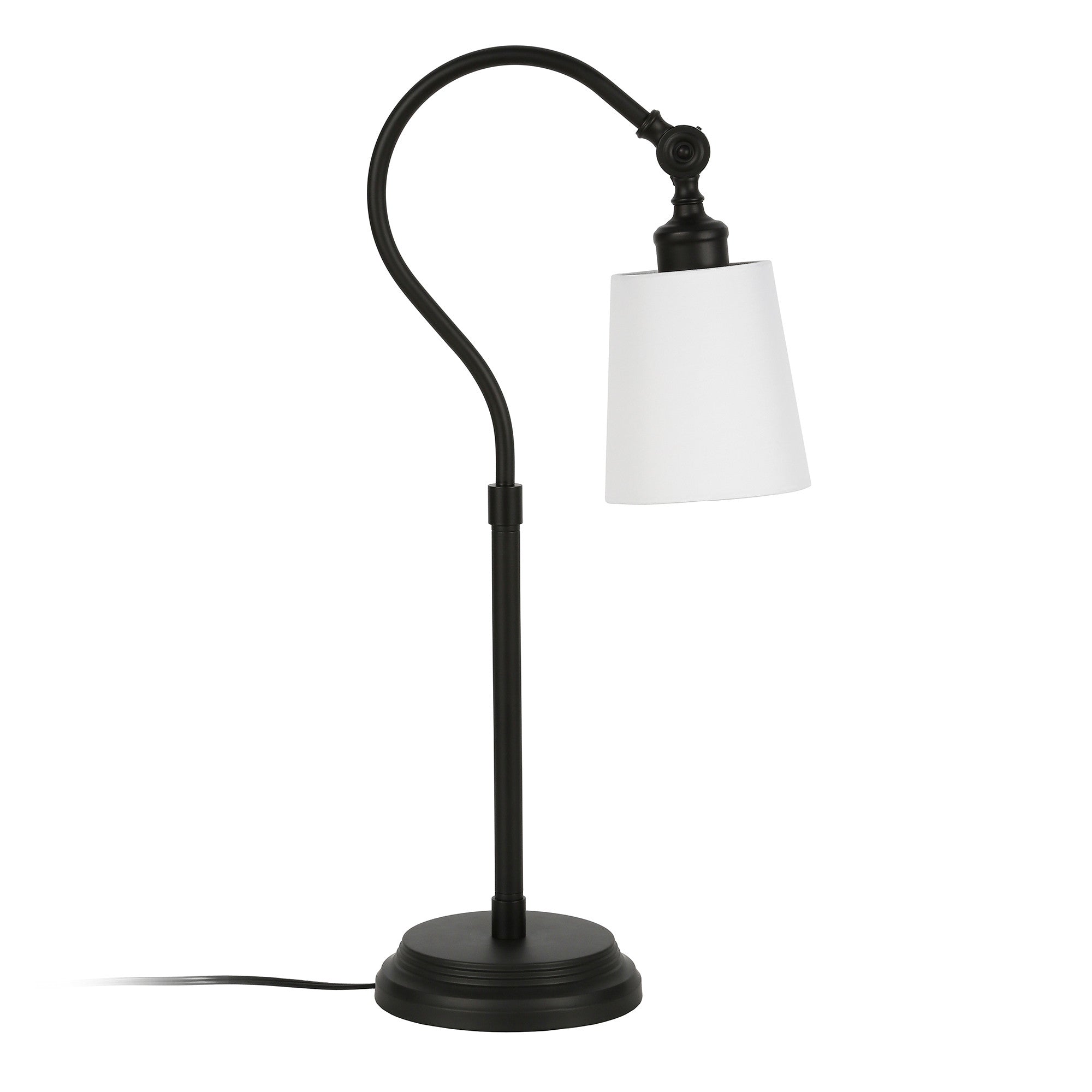 25" Black Metal Arched Table Lamp With White Drum Shade