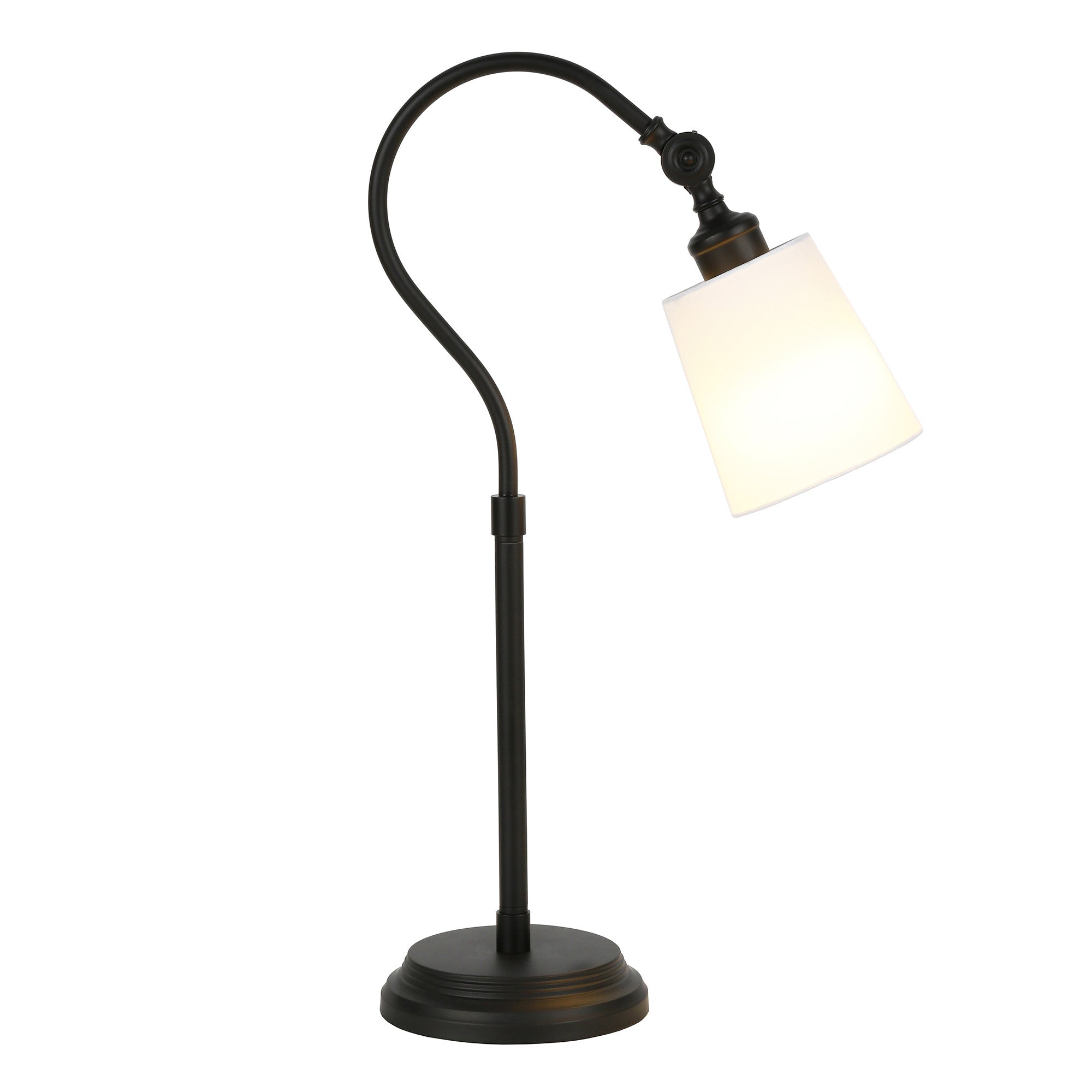 25" Black Metal Arched Table Lamp With White Drum Shade