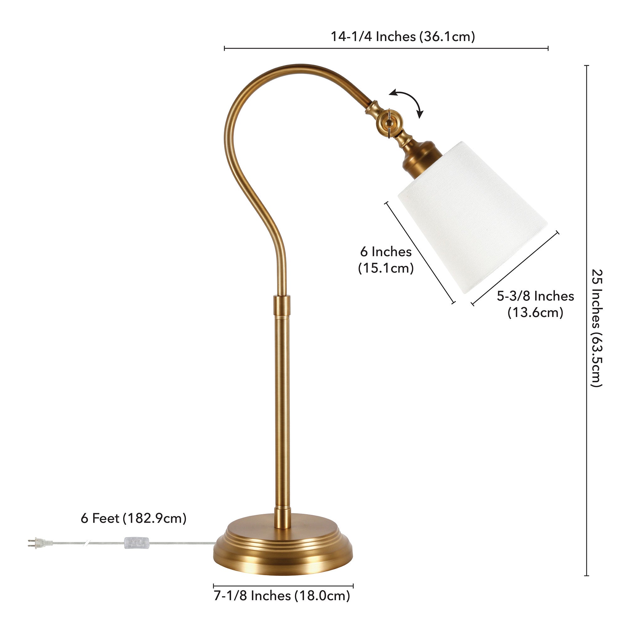 25" Brass Metal Arched Table Lamp With White Drum Shade