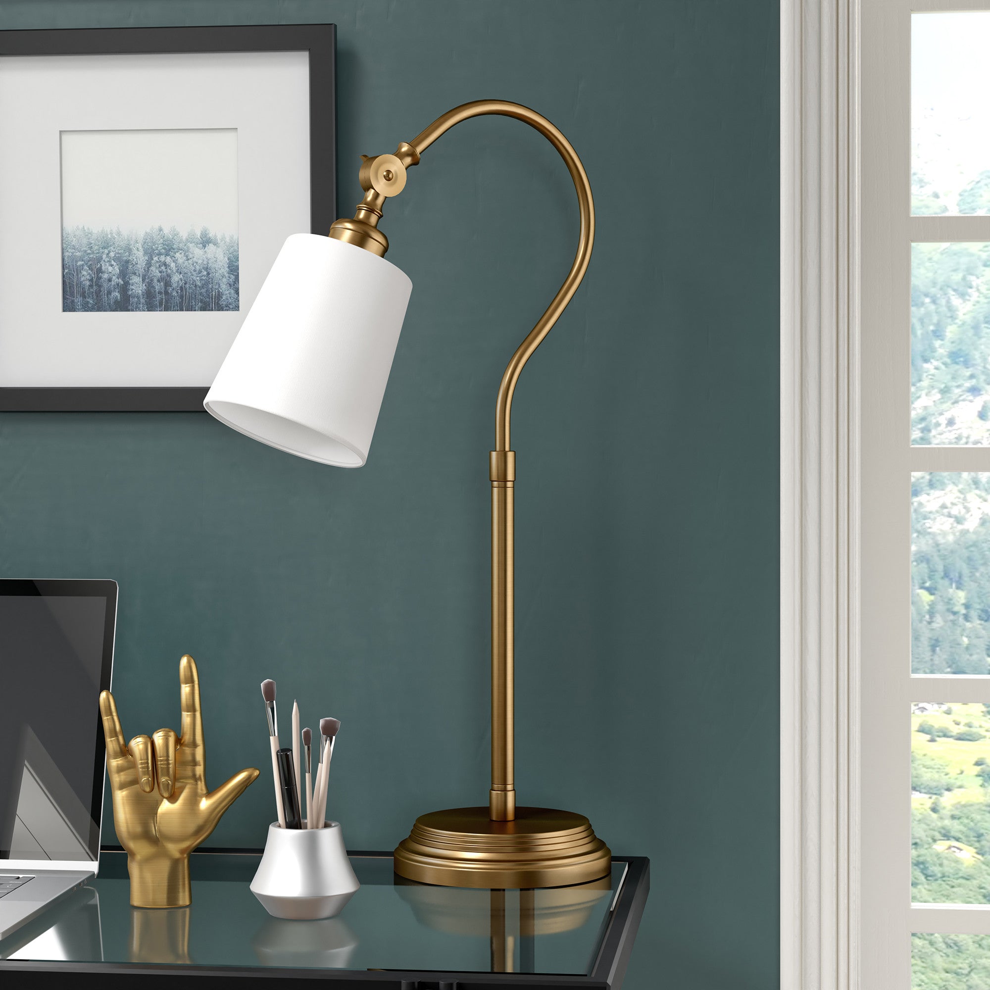 25" Brass Metal Arched Table Lamp With White Drum Shade