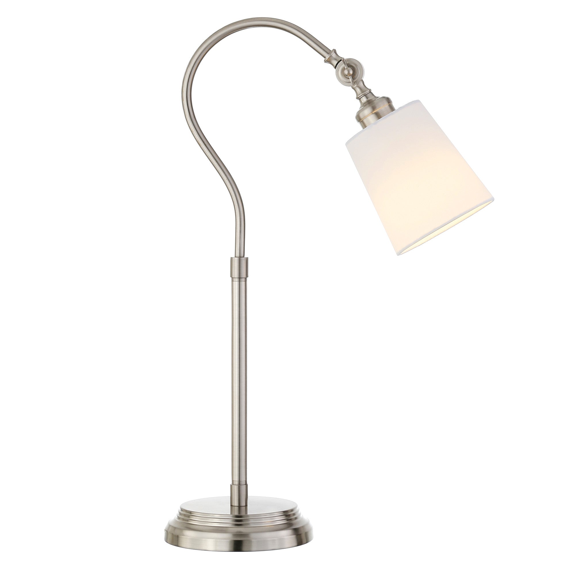 25" Nickel Metal Arched Table Lamp With White Drum Shade
