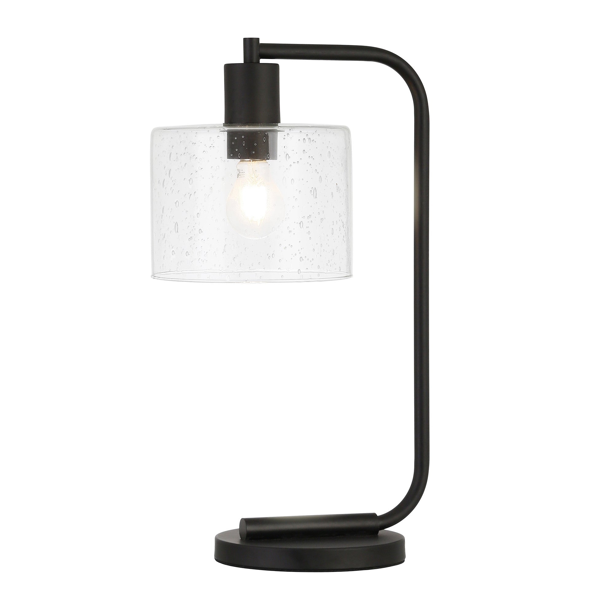 20" Black Metal Arched Table Lamp With Clear Seeded Drum Shade