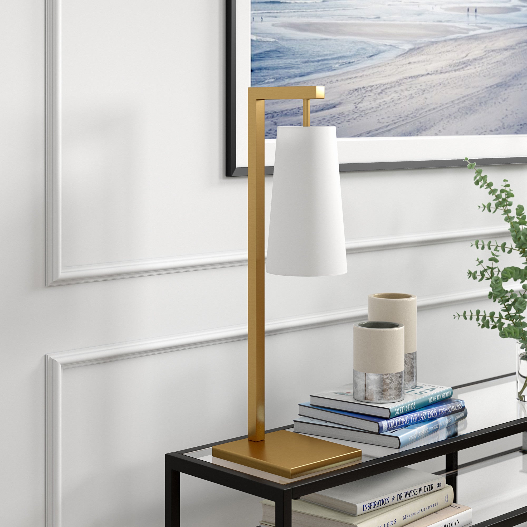 26" Brass Metal Desk Table Lamp With White Cone Shade