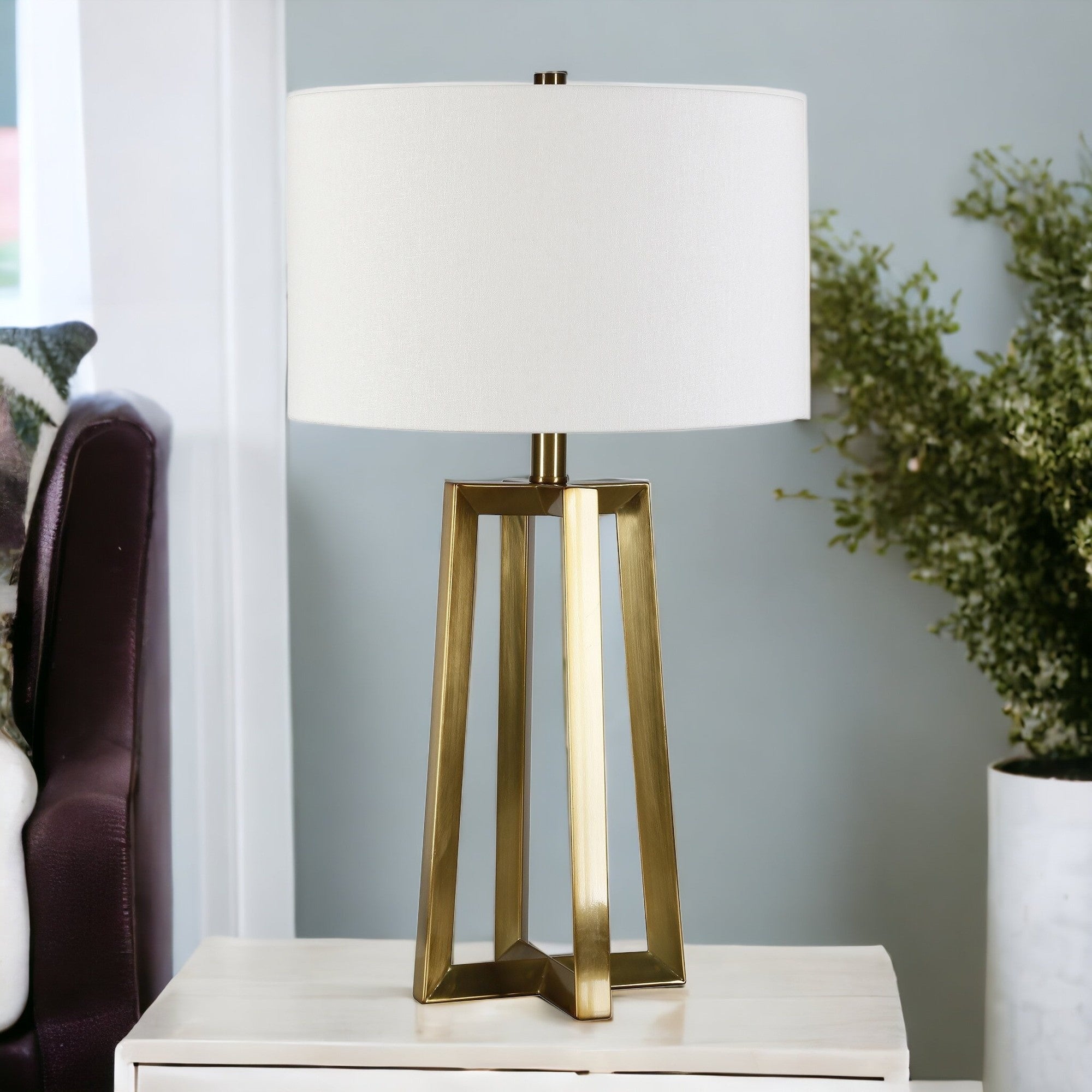 24" Brass Metal Table Lamp With White Drum Shade