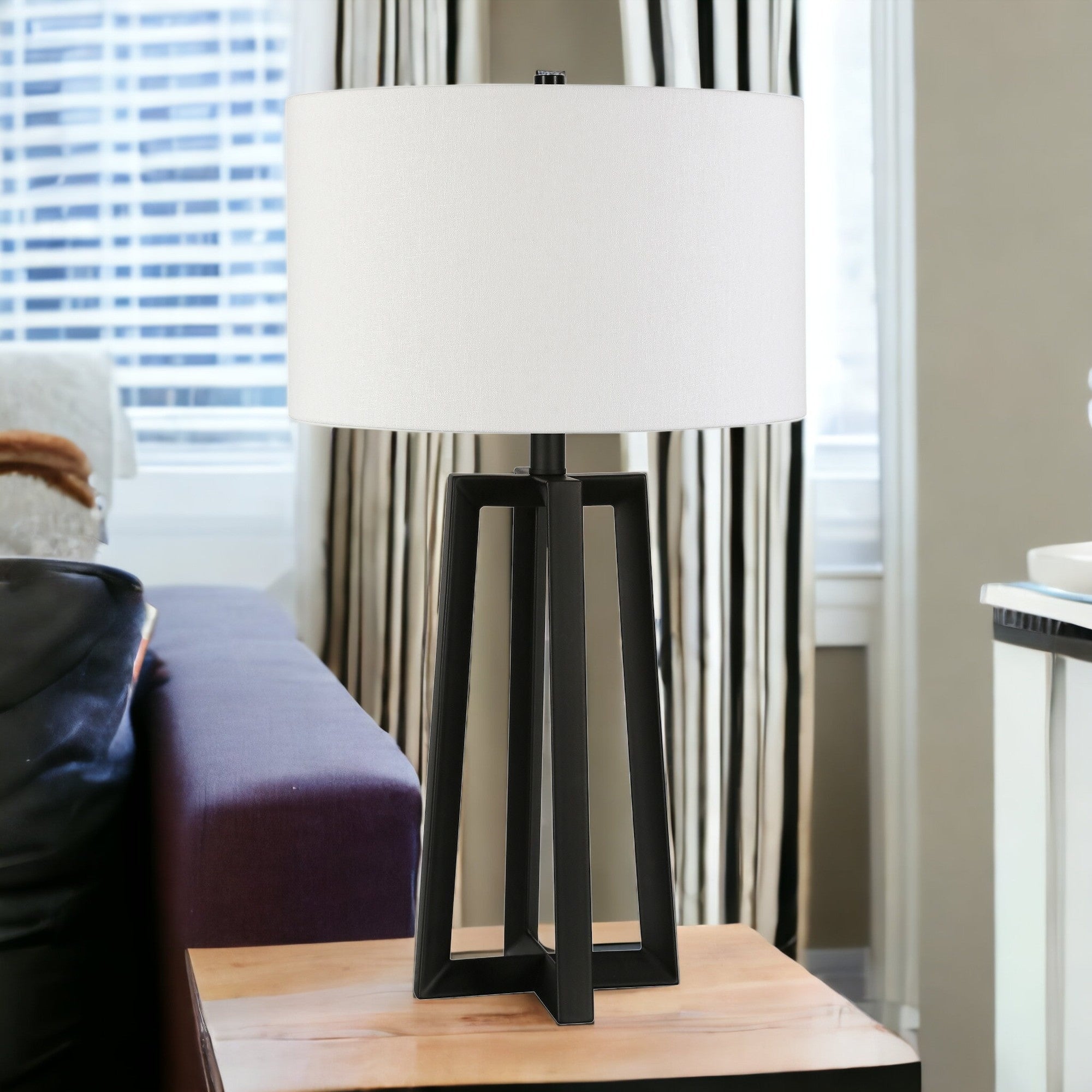 24" Black Metal Table Lamp With White Drum Shade