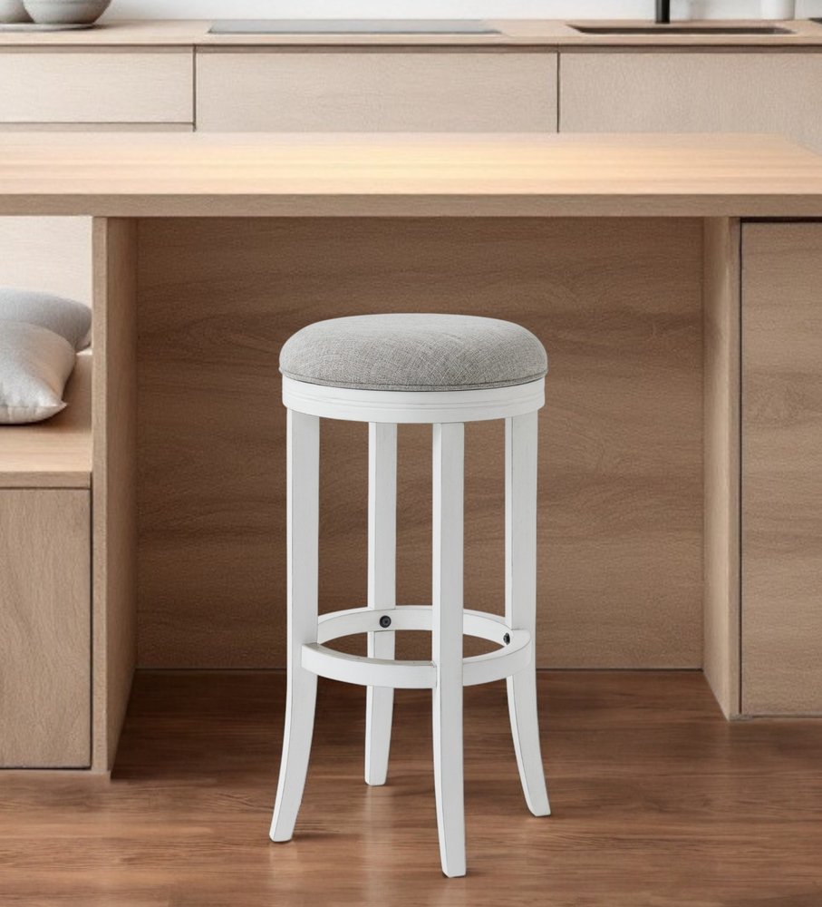 30" Gray And Antiqued White Solid Wood Swivel Backless Bar Height Bar Chair