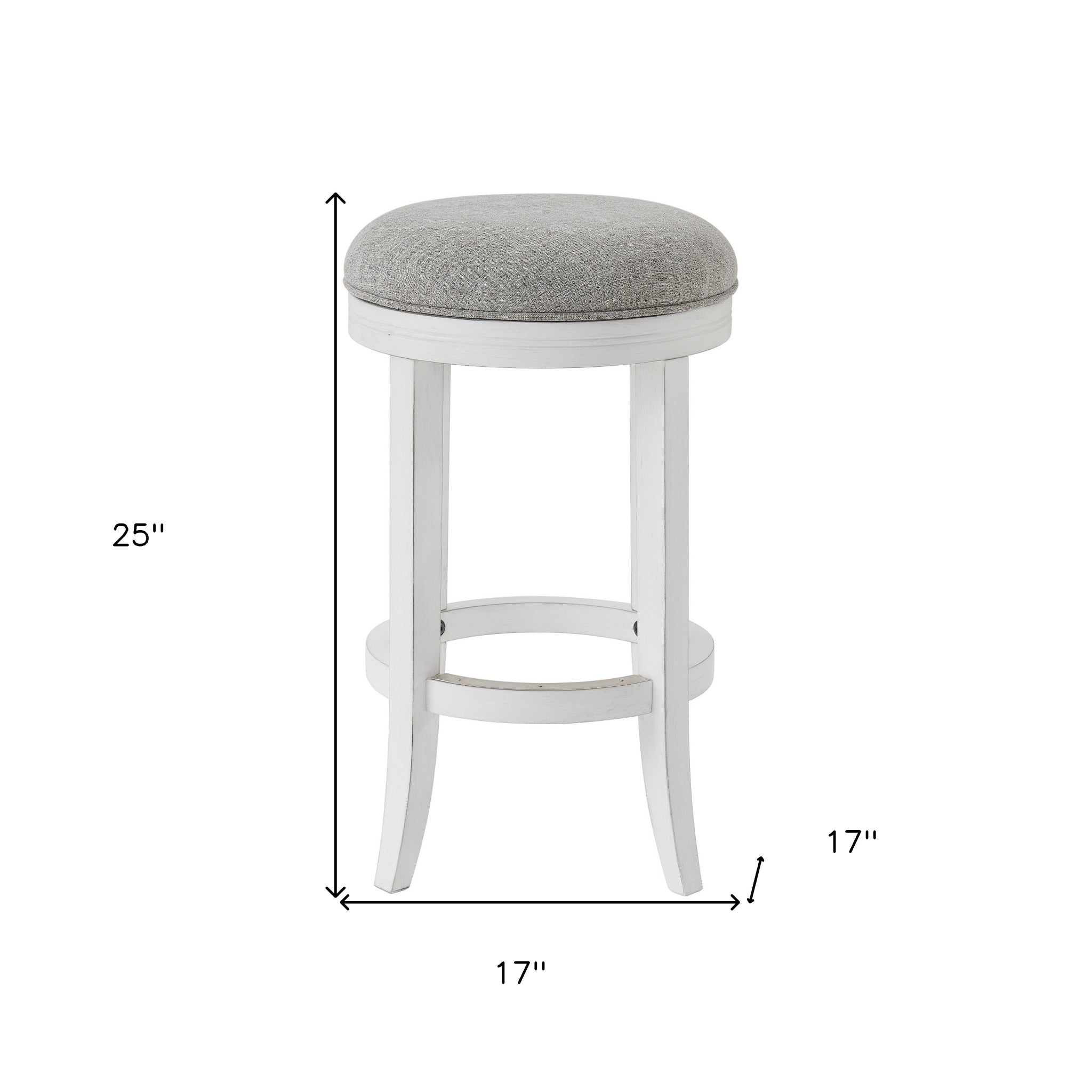 25" Gray And Antiqued White Linen And Solid Wood Backless Counter Height Swivel Bar Chair