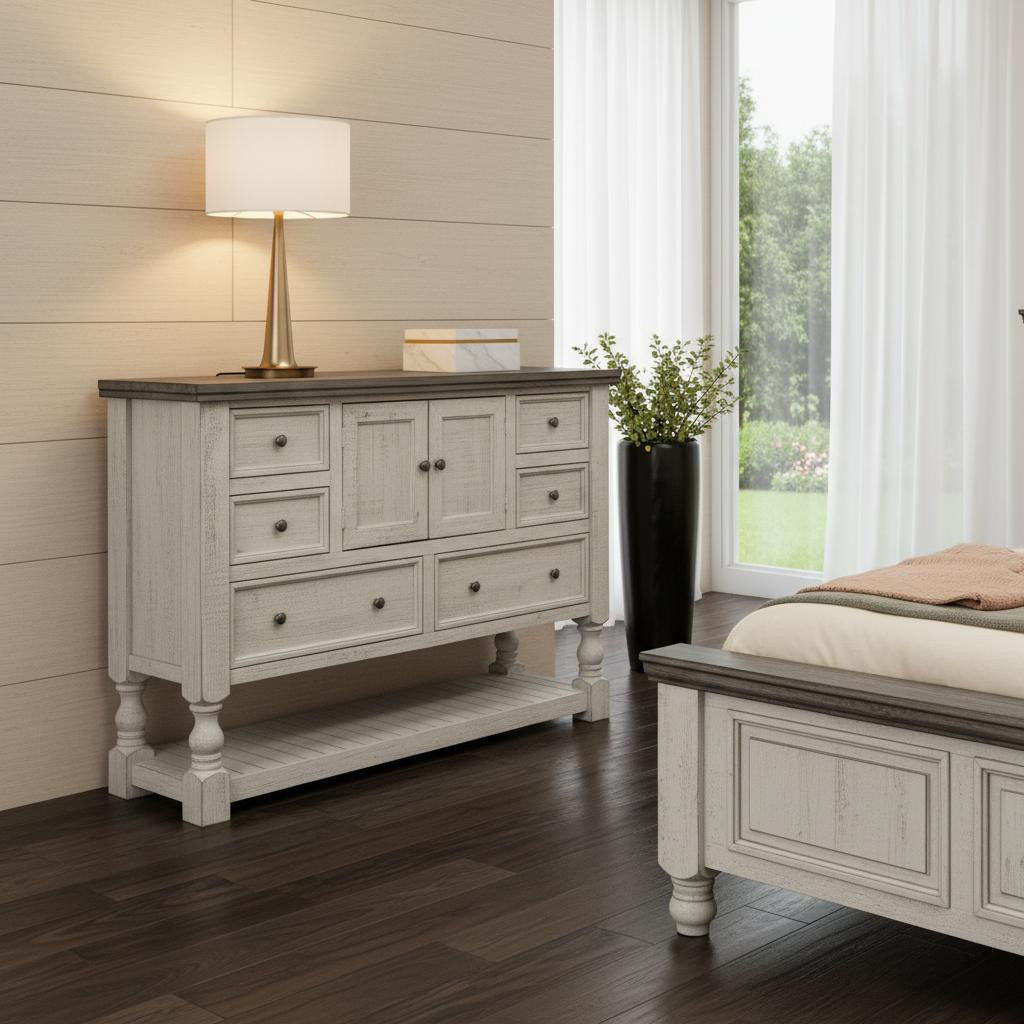 62" Gray and Ivory Solid Wood Six Drawer Triple Dresser