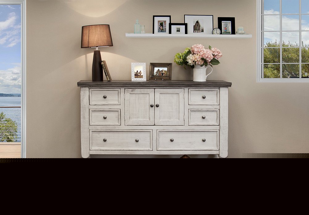 62" Gray and Ivory Solid Wood Six Drawer Triple Dresser