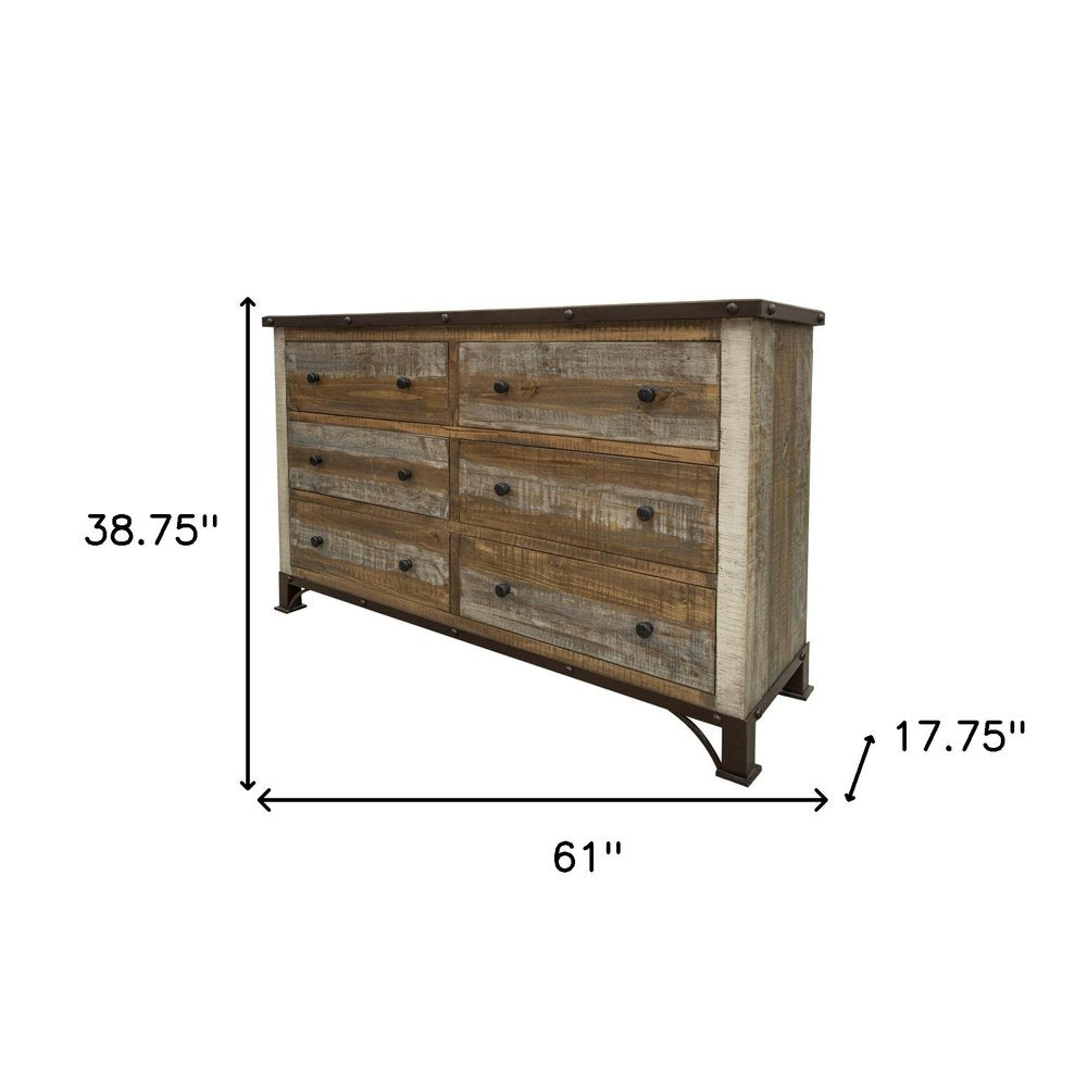 61" Brown Solid Wood Six Drawer Double Dresser