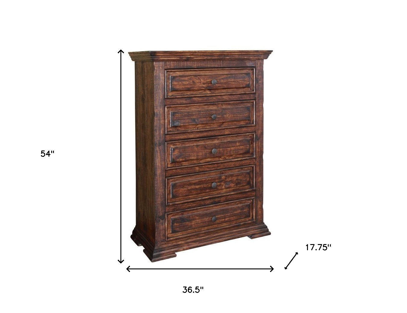 37" Chocolate Solid Wood Five Drawer Dresser