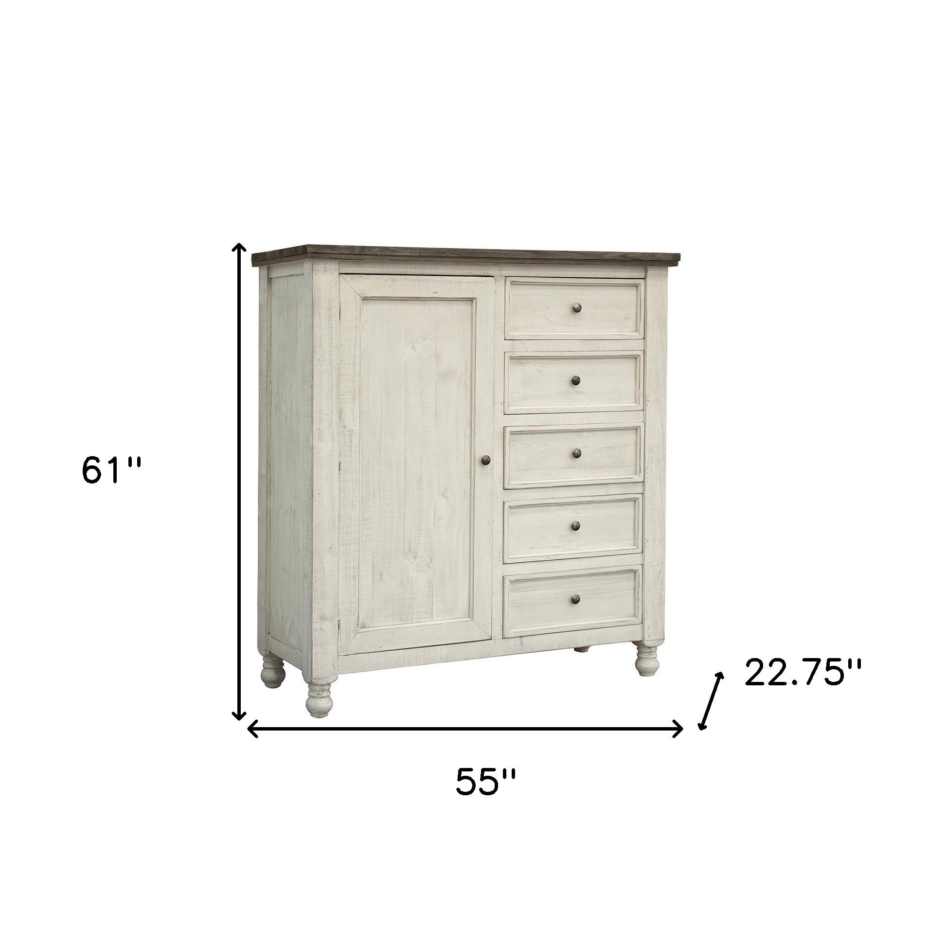 55" Gray and Ivory Solid Wood Five Drawer Gentlemans Chest