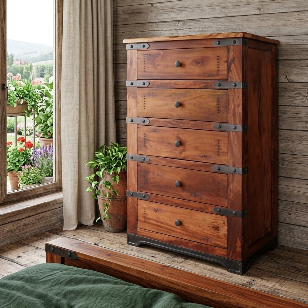 36" Natural Solid Wood Five Drawer Dresser