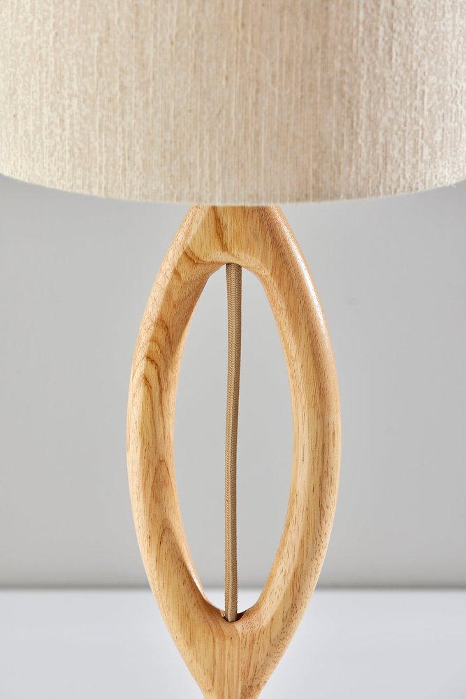 28" Natural Solid Wood Round Table Lamp With Beige Drum Shade