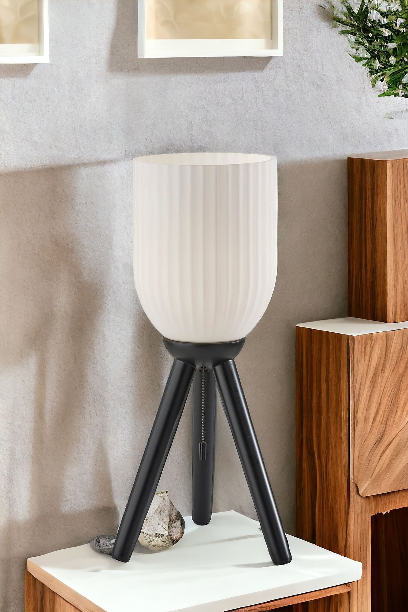 23" Black Solid Wood Tripod Table Lamp With White Ribbed Glass Shade