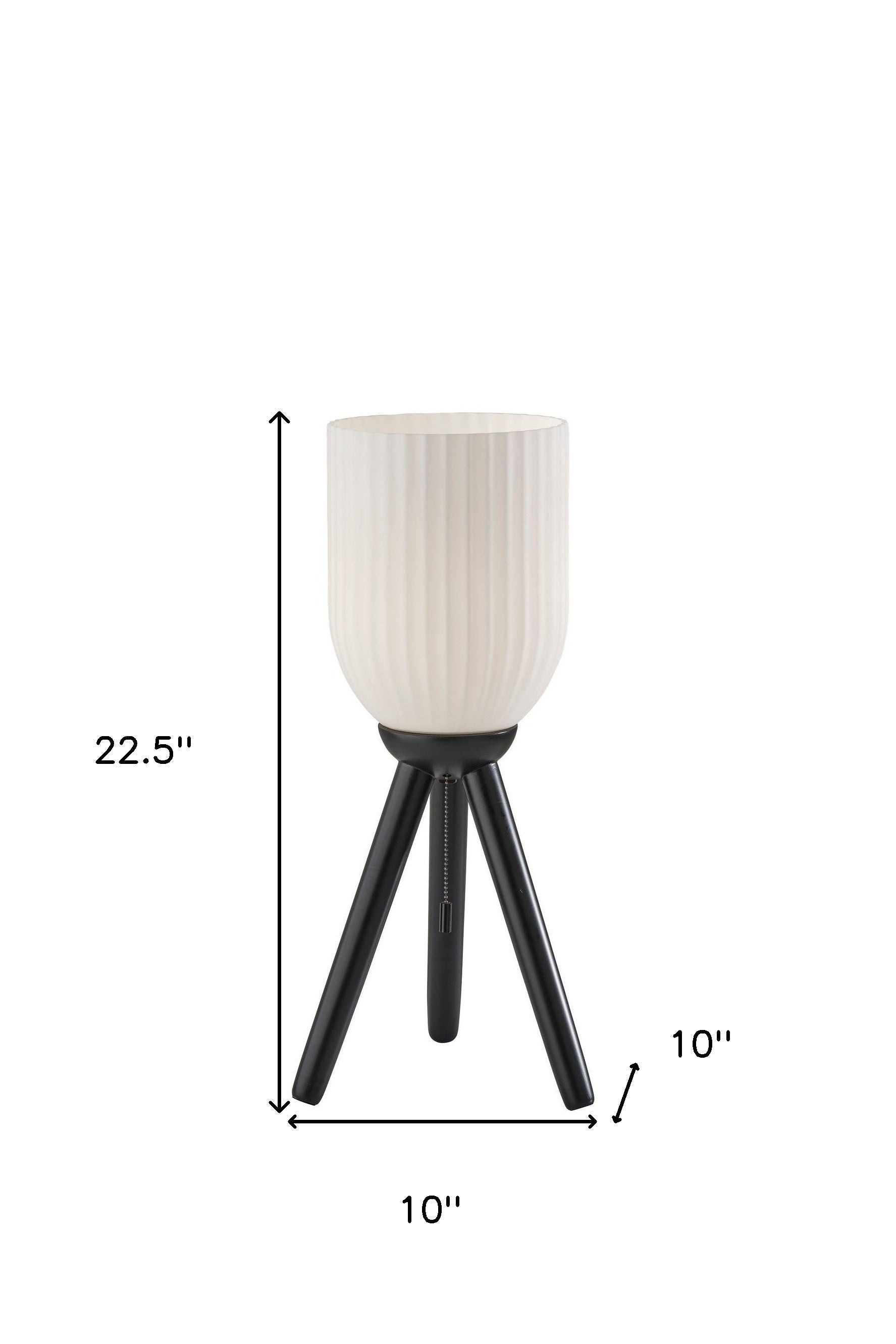23" Black Solid Wood Tripod Table Lamp With White Ribbed Glass Shade