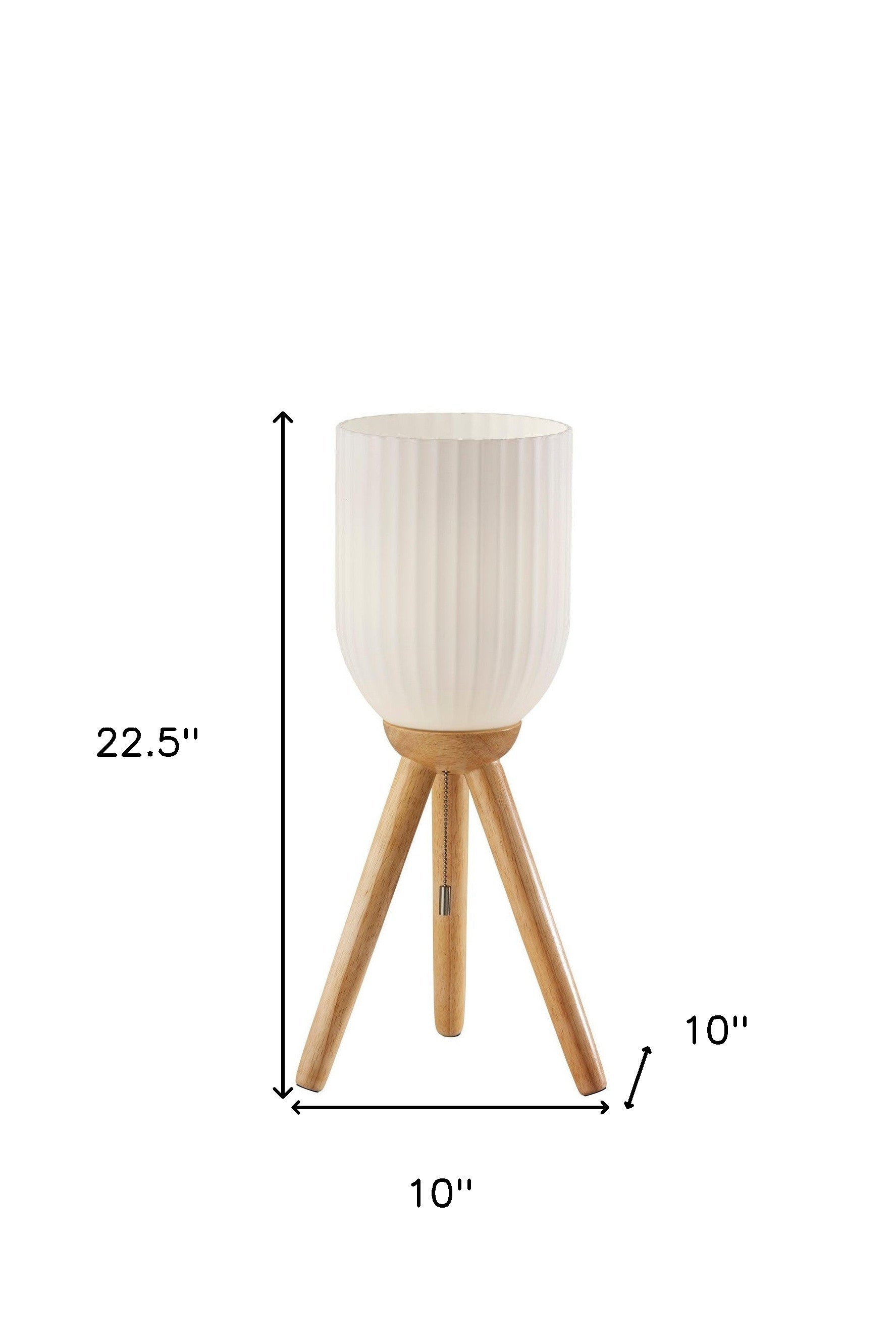23" Brown Solid Wood Tripod Table Lamp With White Ribbed Dome Shade