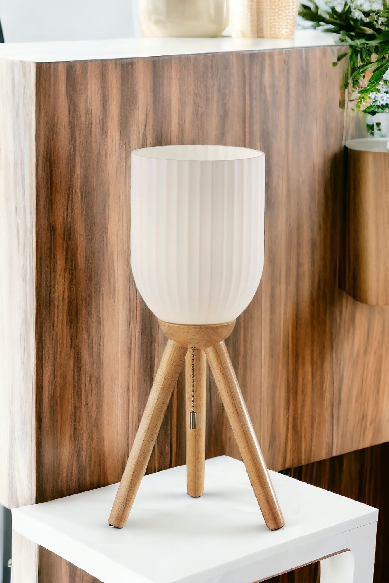 23" Brown Solid Wood Tripod Table Lamp With White Ribbed Dome Shade