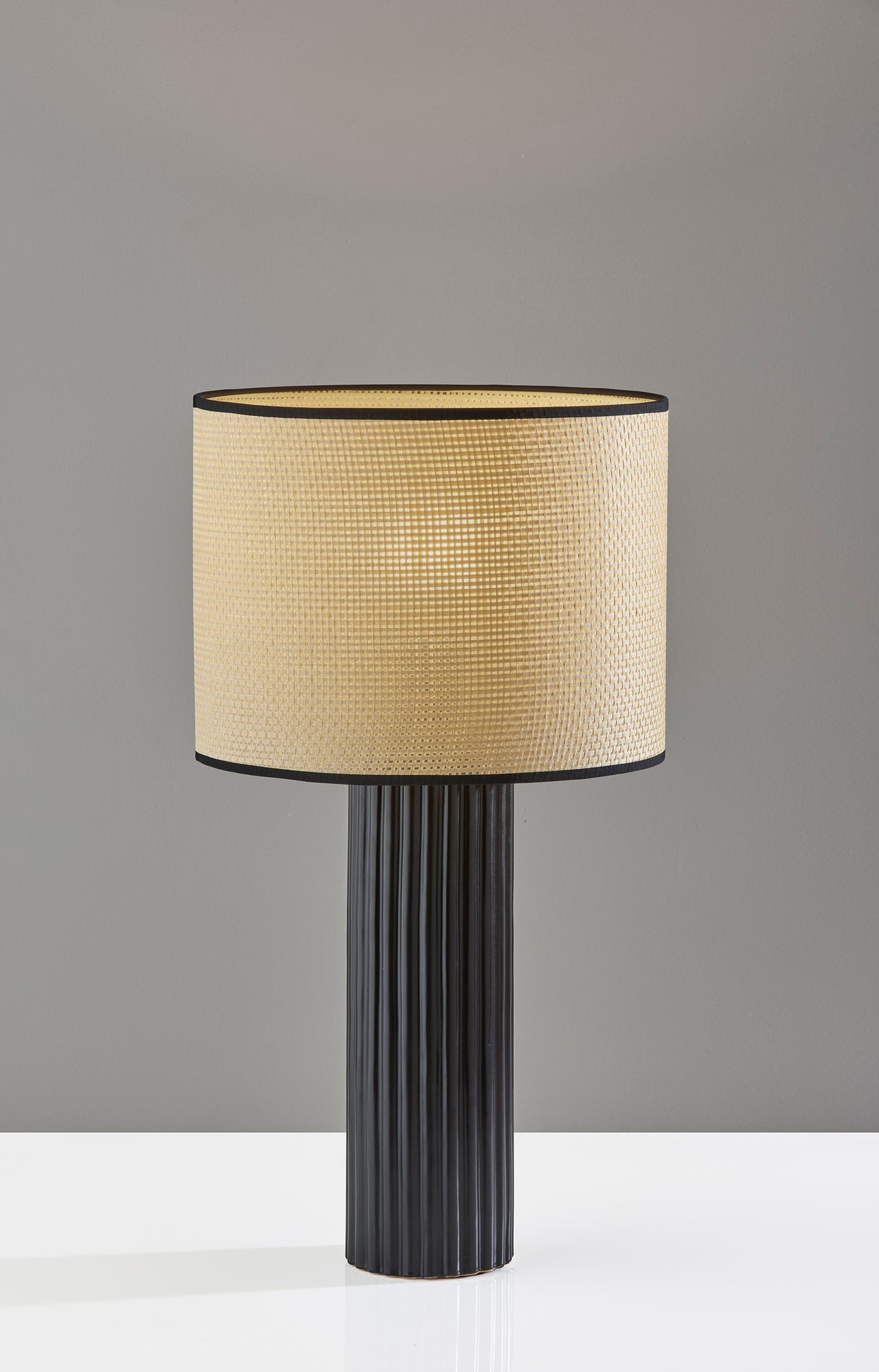 24" Black Ceramic Cylinder Table Lamp With Beige Drum Shade