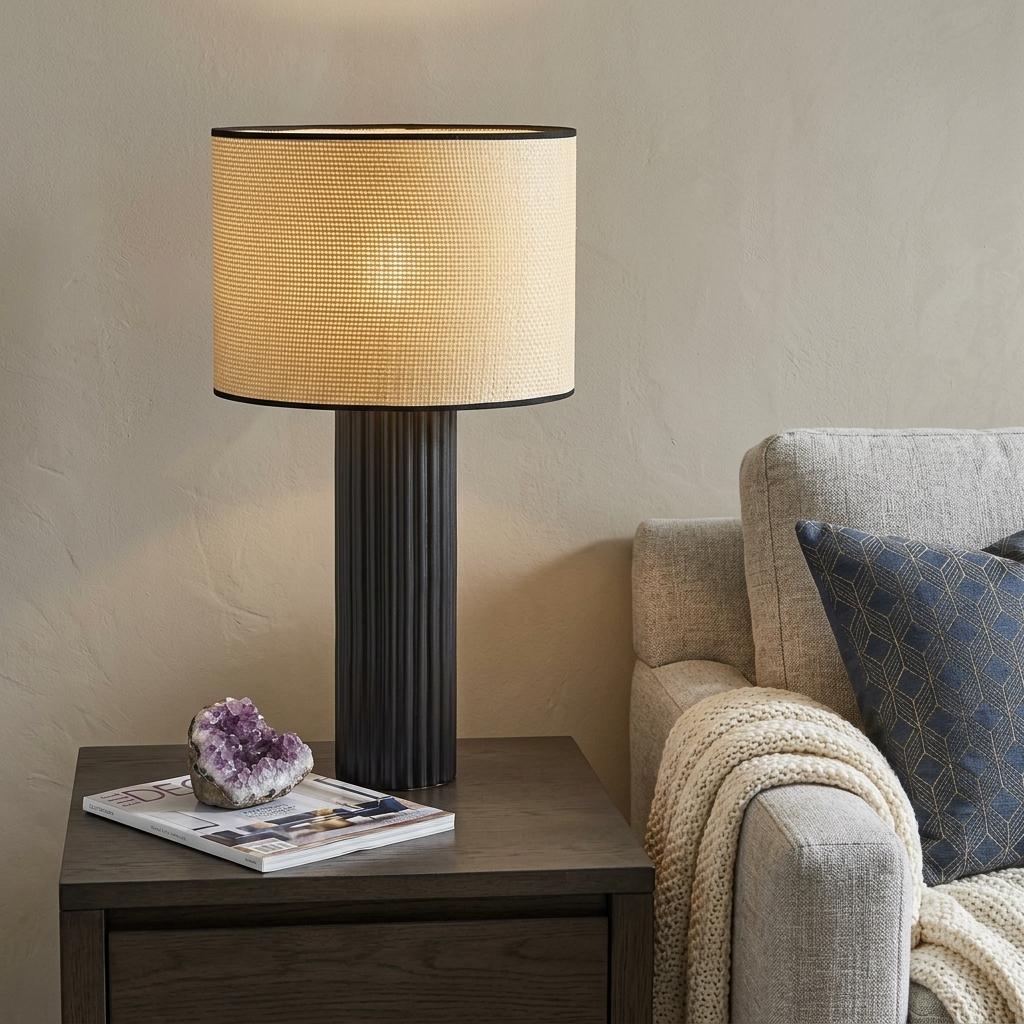 29" Black Ceramic Cylinder Table Lamp With Beige Drum Shade