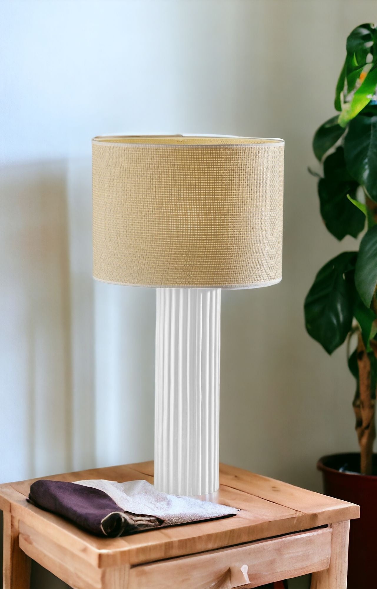 29" White Ceramic Cylinder Table Lamp With Beige Drum Shade