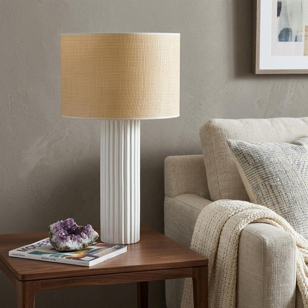 29" White Ceramic Cylinder Table Lamp With Beige Drum Shade