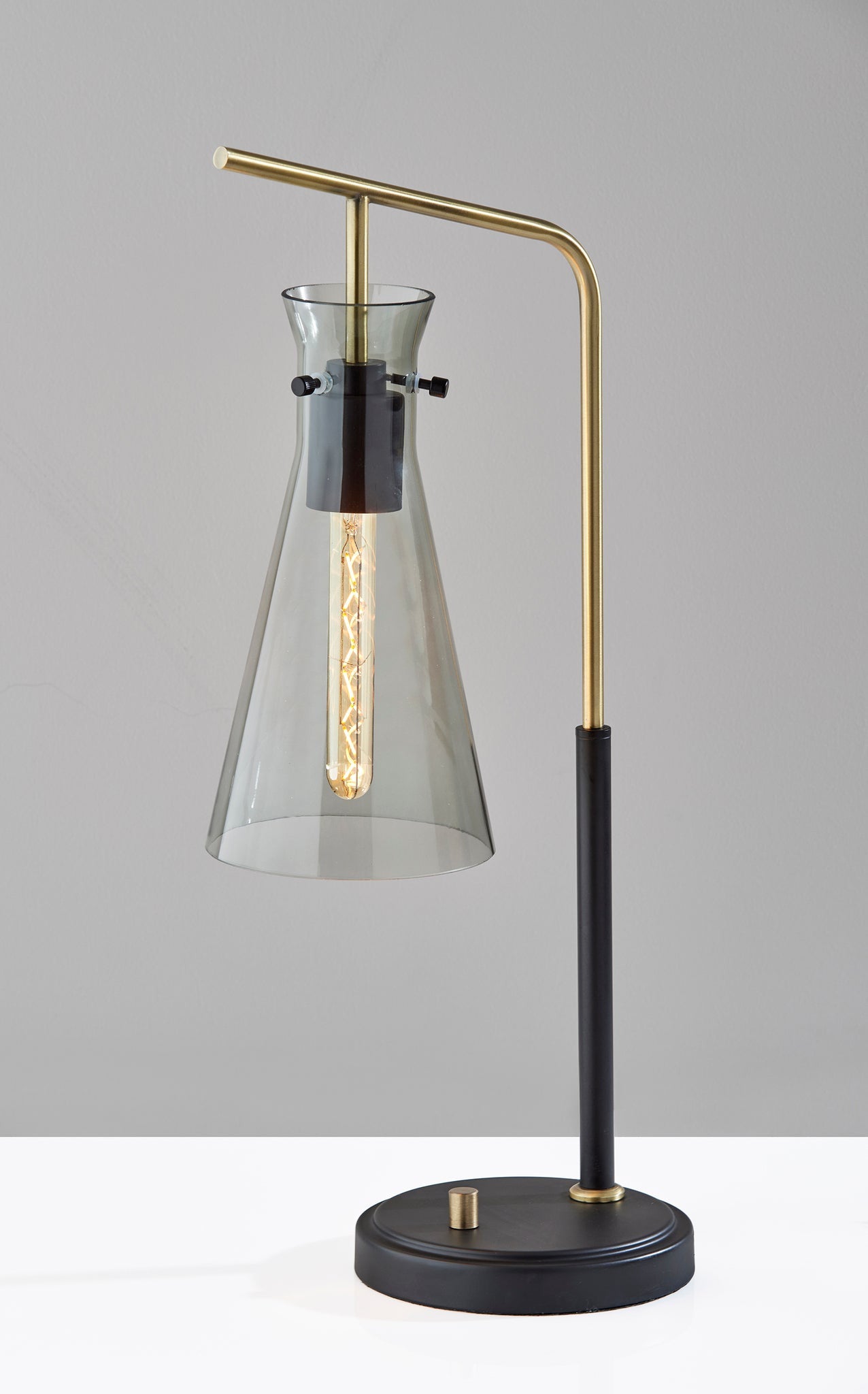 24" Black and Gold Metal Cylinder Desk Table Lamp With Gray Cone Shade