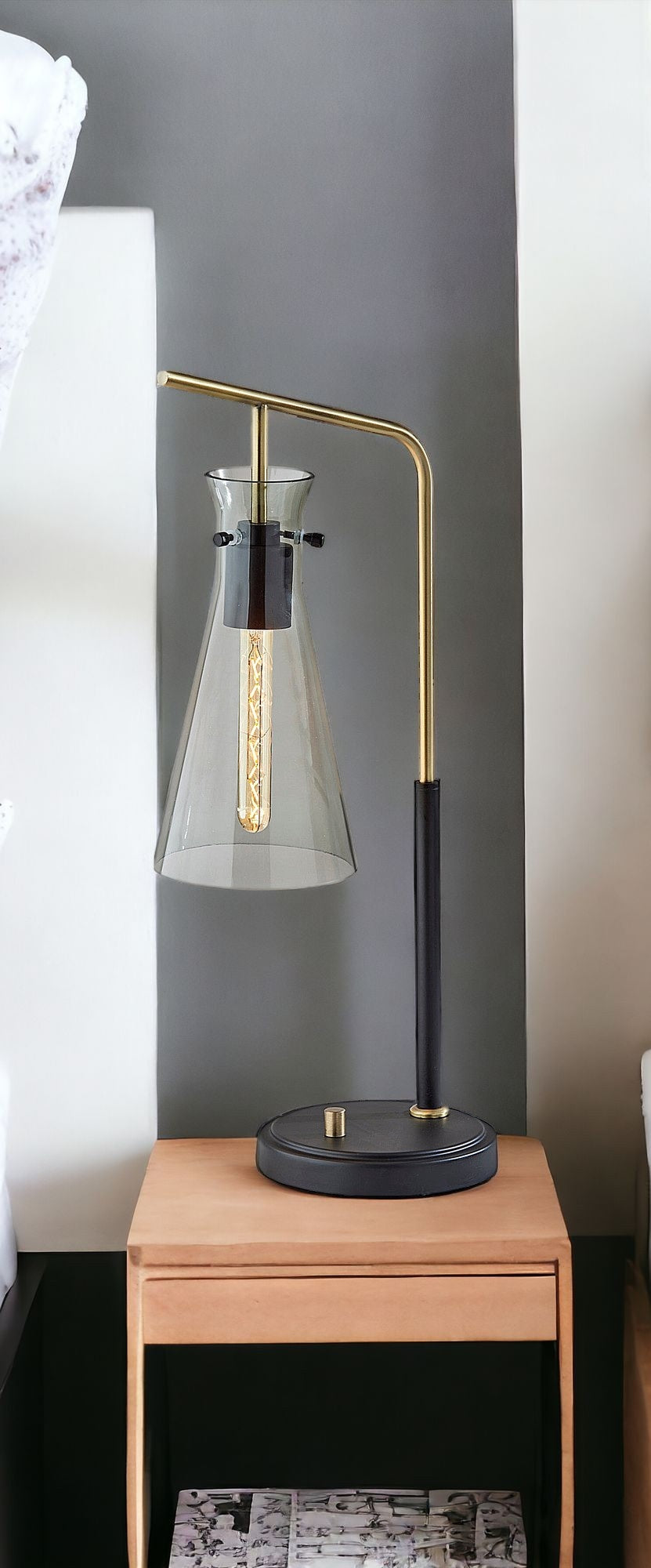 24" Black and Gold Metal Cylinder Desk Table Lamp With Gray Cone Shade