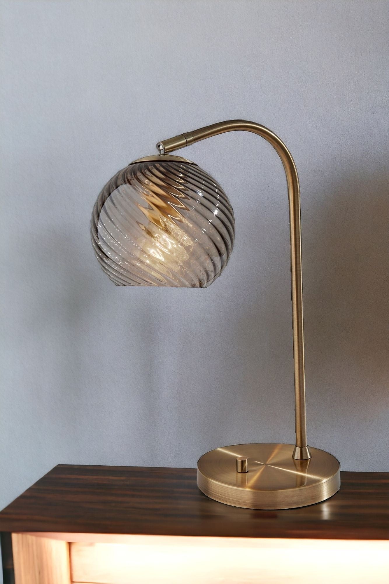 19" Antiqued Brass Metal Cylinder Desk Table Lamp With Gray Swirl Globe Shade