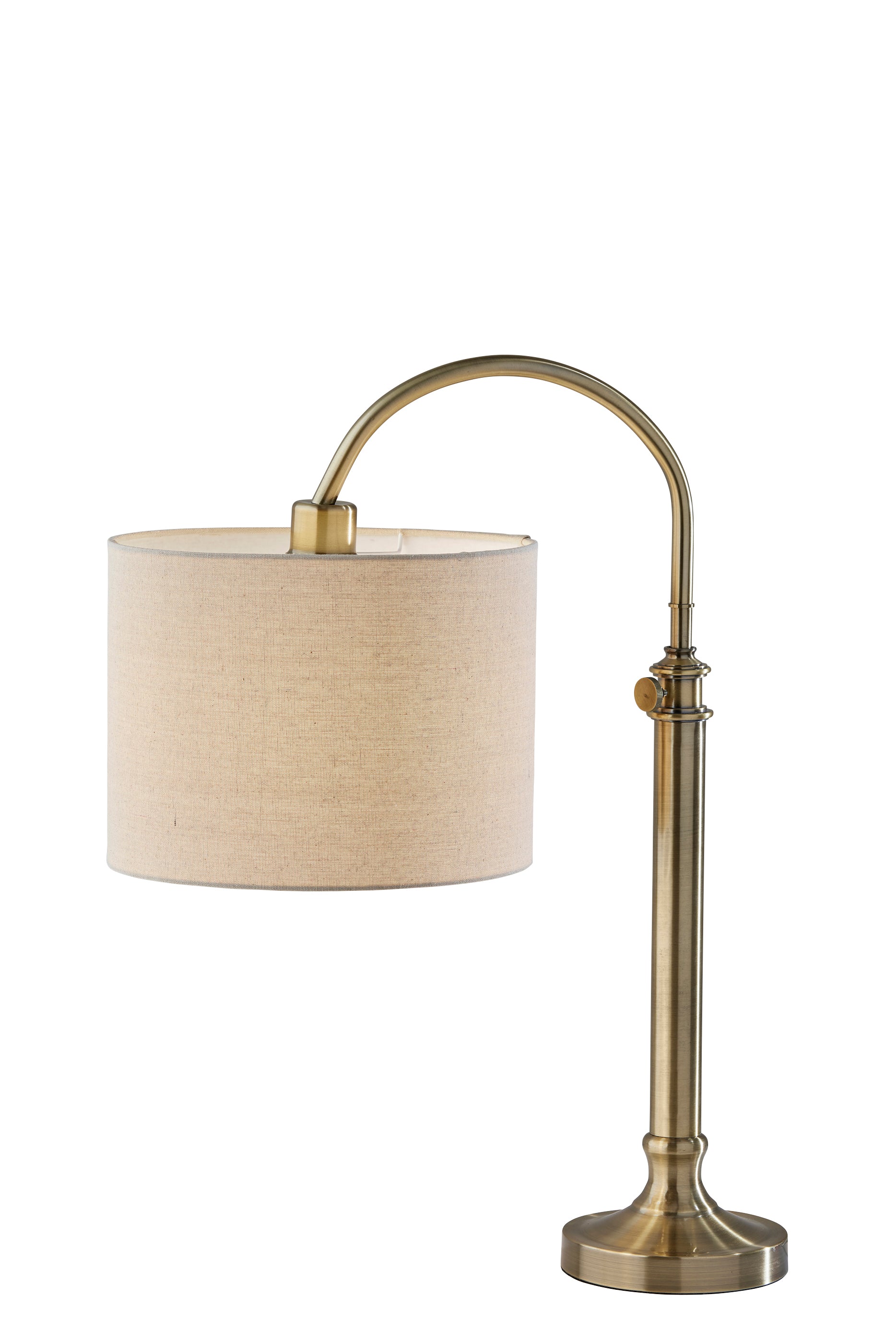 32" Antiqued Brass Metal Adjustable Cylinder Arched Table Lamp With Beige Drum Shade