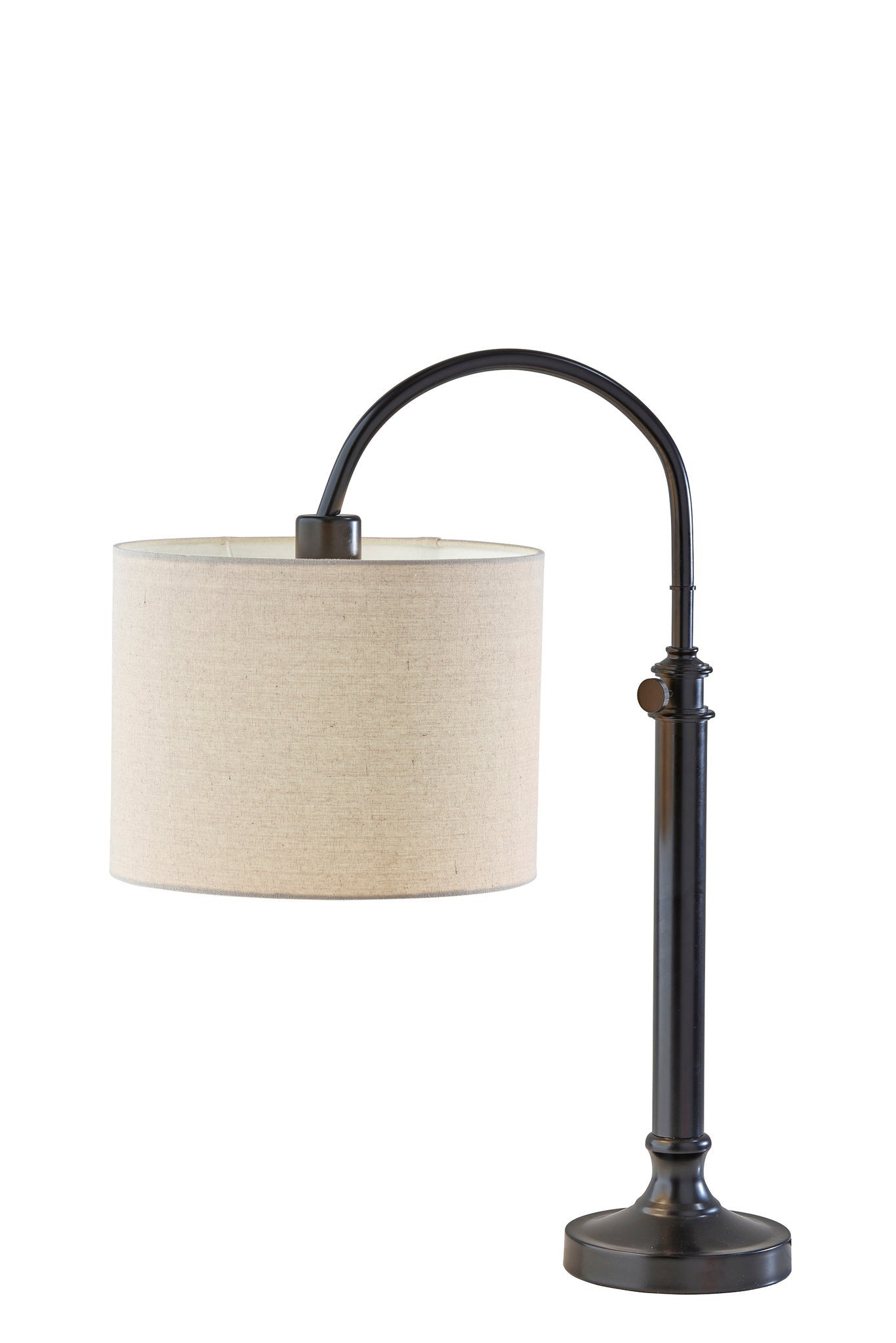 32" Antiqued Bronze Metal Adjustable Cylinder Arched Table Lamp With Beige Drum Shade