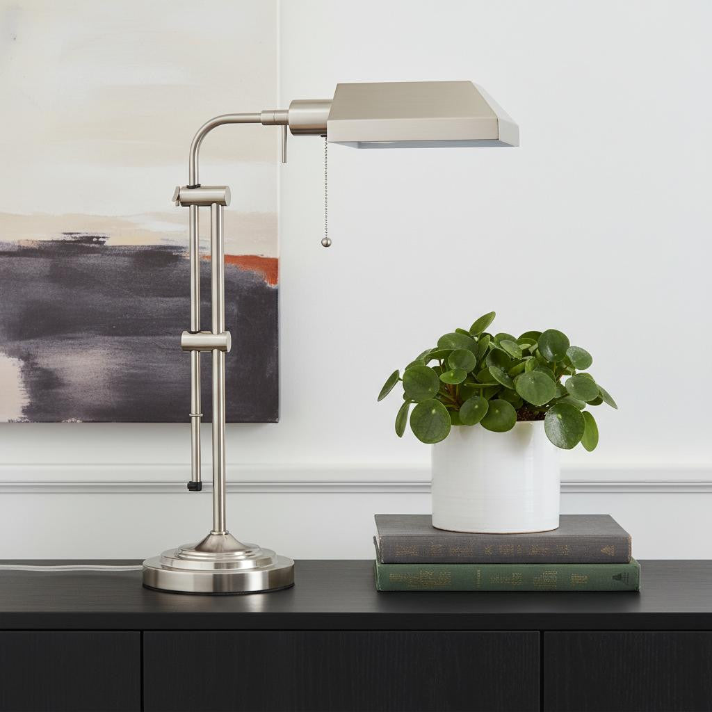 26" Nickel Metal Adjustable Table Lamp With Nickel Rectangular Shade
