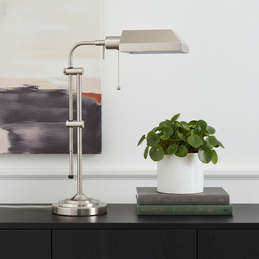 26" Nickel Metal Adjustable Table Lamp With Nickel Rectangular Shade