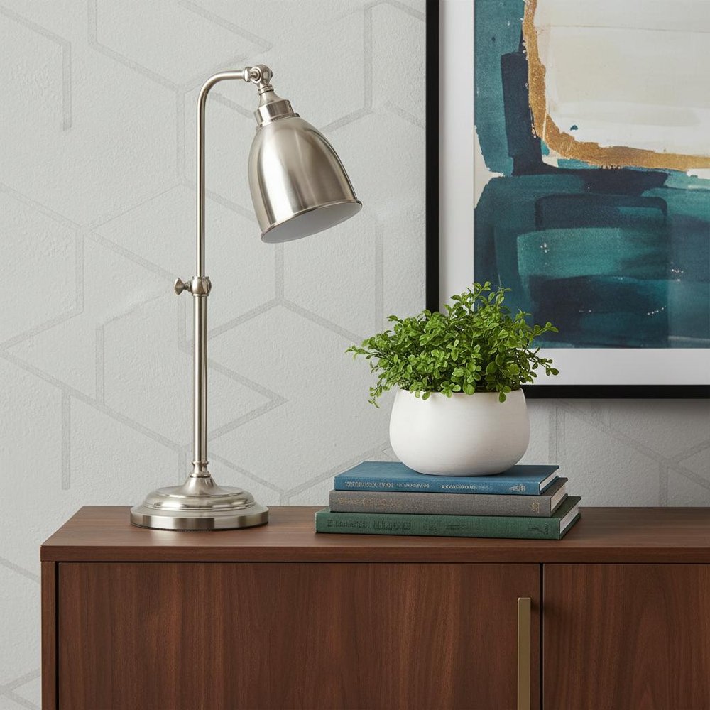 26" Nickel Metal Adjustable Table Lamp With Nickel Dome Shade