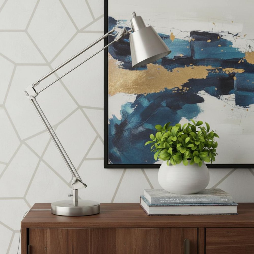 27" Nickel Metal Desk Table Lamp With Nickel Cone Shade