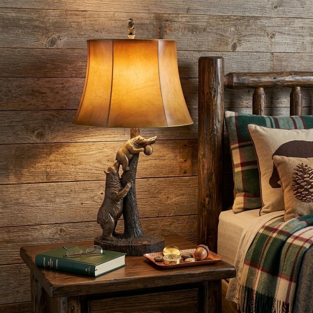 31" Bronze Bears After the Honey Table Lamp With Brown Faux Leather Shade