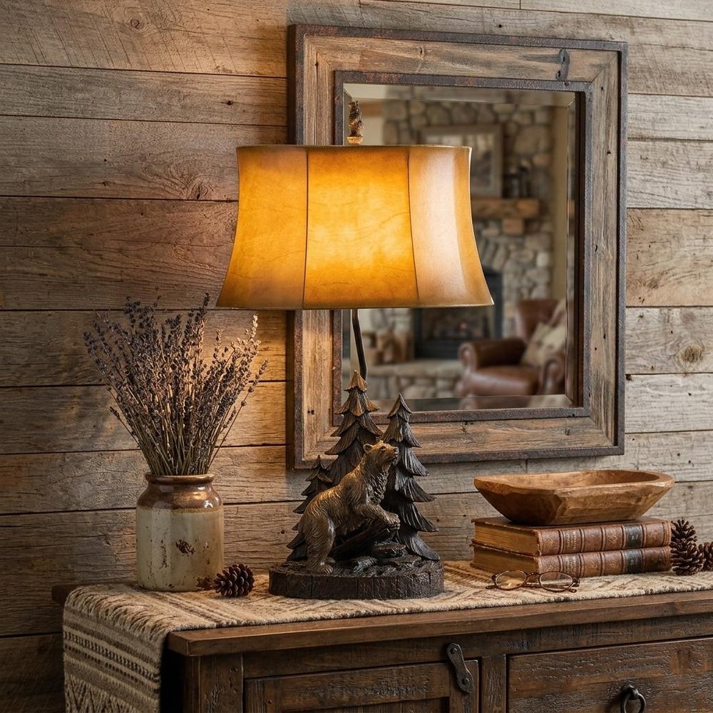 29" Antiqued Bronze Novelty Table Lamp With Brown Bell Shade