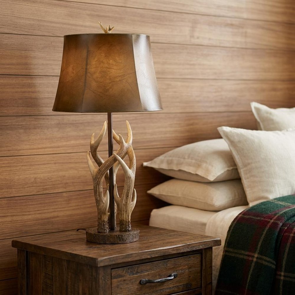 33" Brown Antlers Table Lamp With Brown Drum Shade