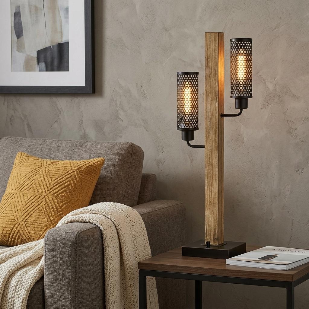 32" Gray Metal Two Light Table Lamp With Black Novelty Shade