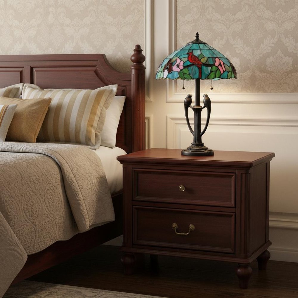 22" Bronze Two Light Tiffany Table Lamp With Aqua and Red Floral Shade