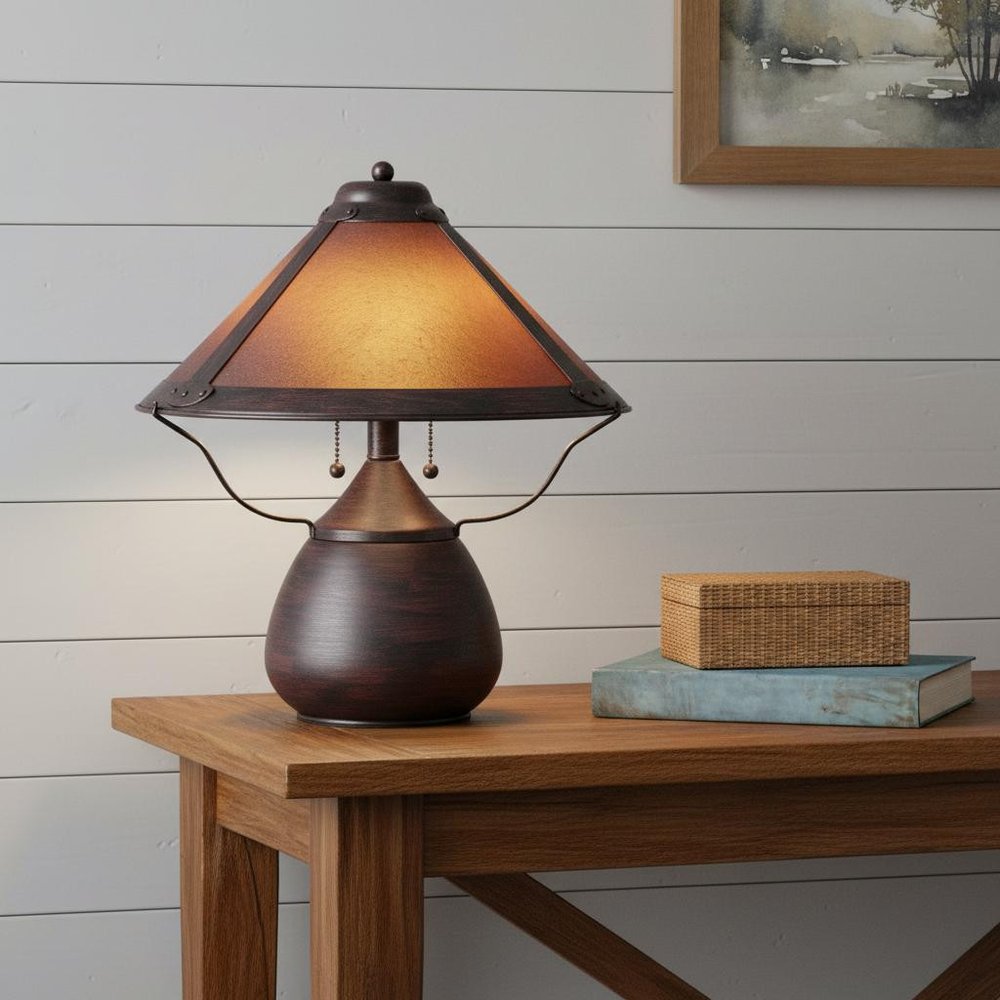 17" Rust Metal Two Light Round Table Lamp With Amber Empire Shade