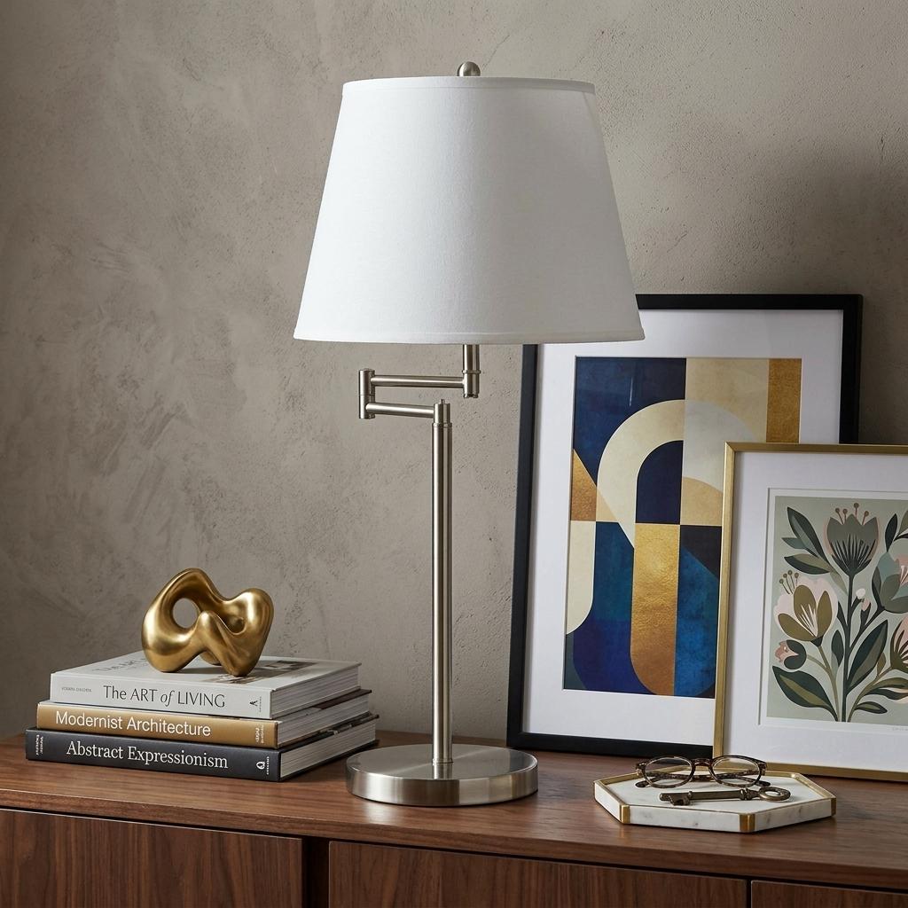 28" Nickel Metal Table Lamp With Off White Empire Shade