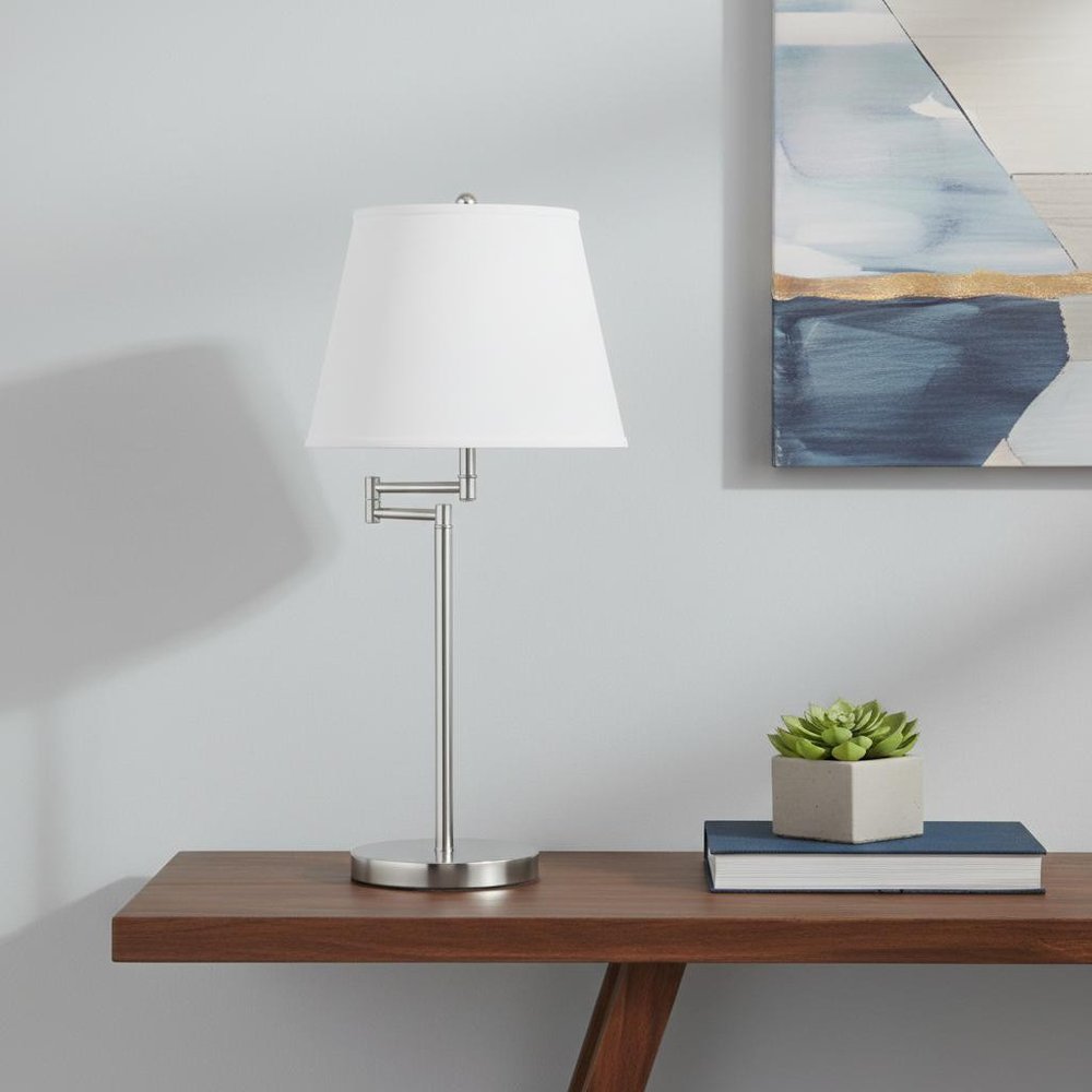 28" Nickel Metal Table Lamp With Off White Empire Shade