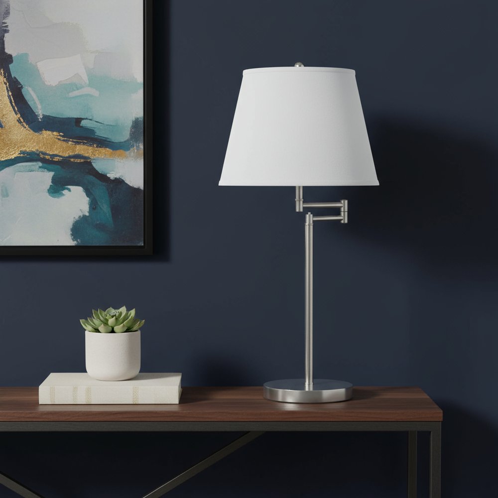 28" Nickel Metal Table Lamp With Off White Empire Shade