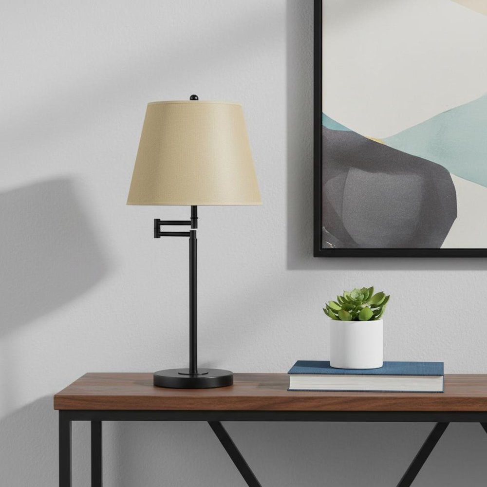 27" Bronze Metal Table Lamp With Tan Empire Shade