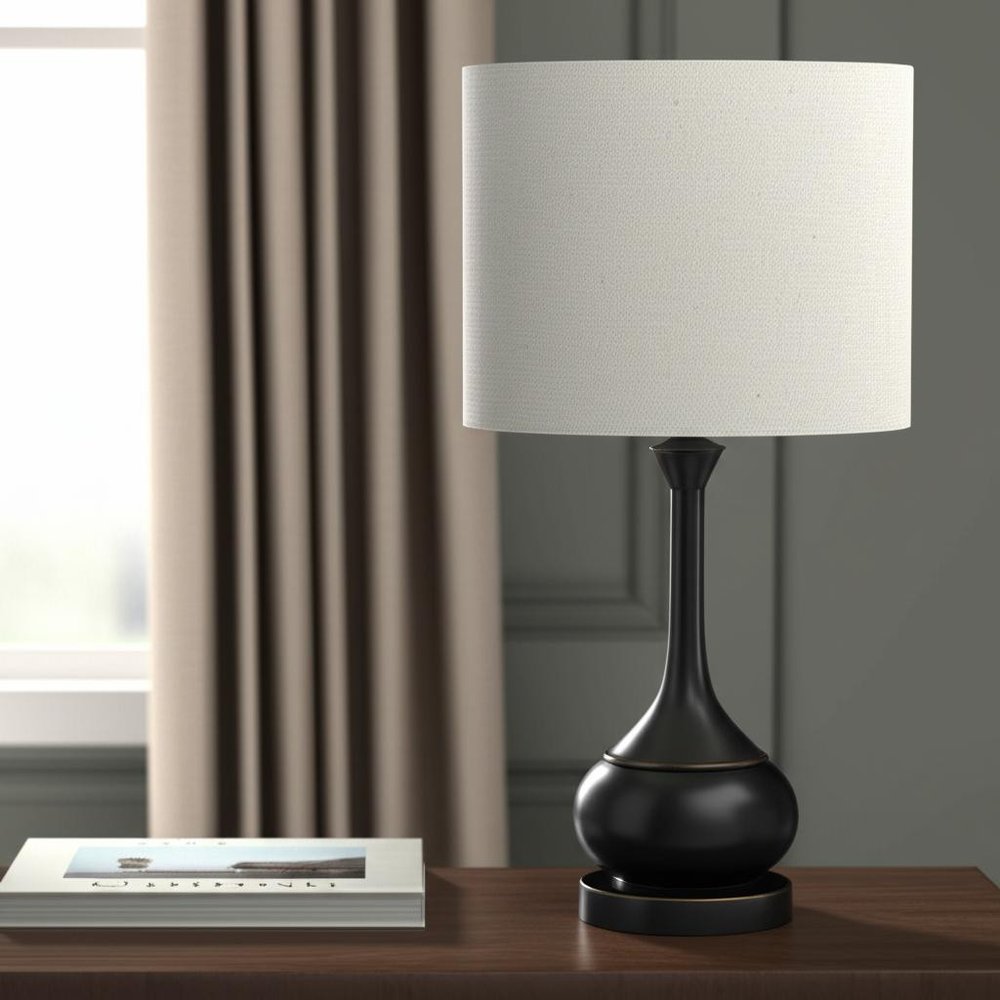 25" Blackened Bronze Metal Round Table Lamp With Off White Drum Shade