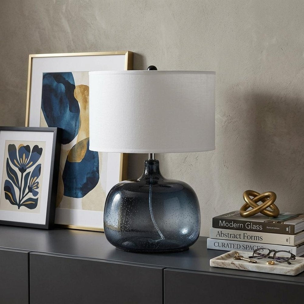 24" Dark Blue Glass Table Lamp With White Novelty Shade