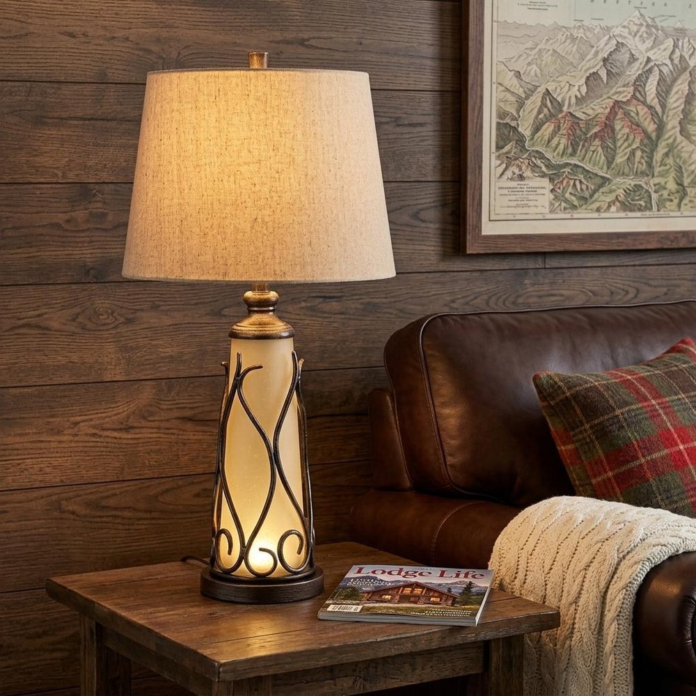 30" Brown Metal Two Light Table Lamp With Brown Empire Shade